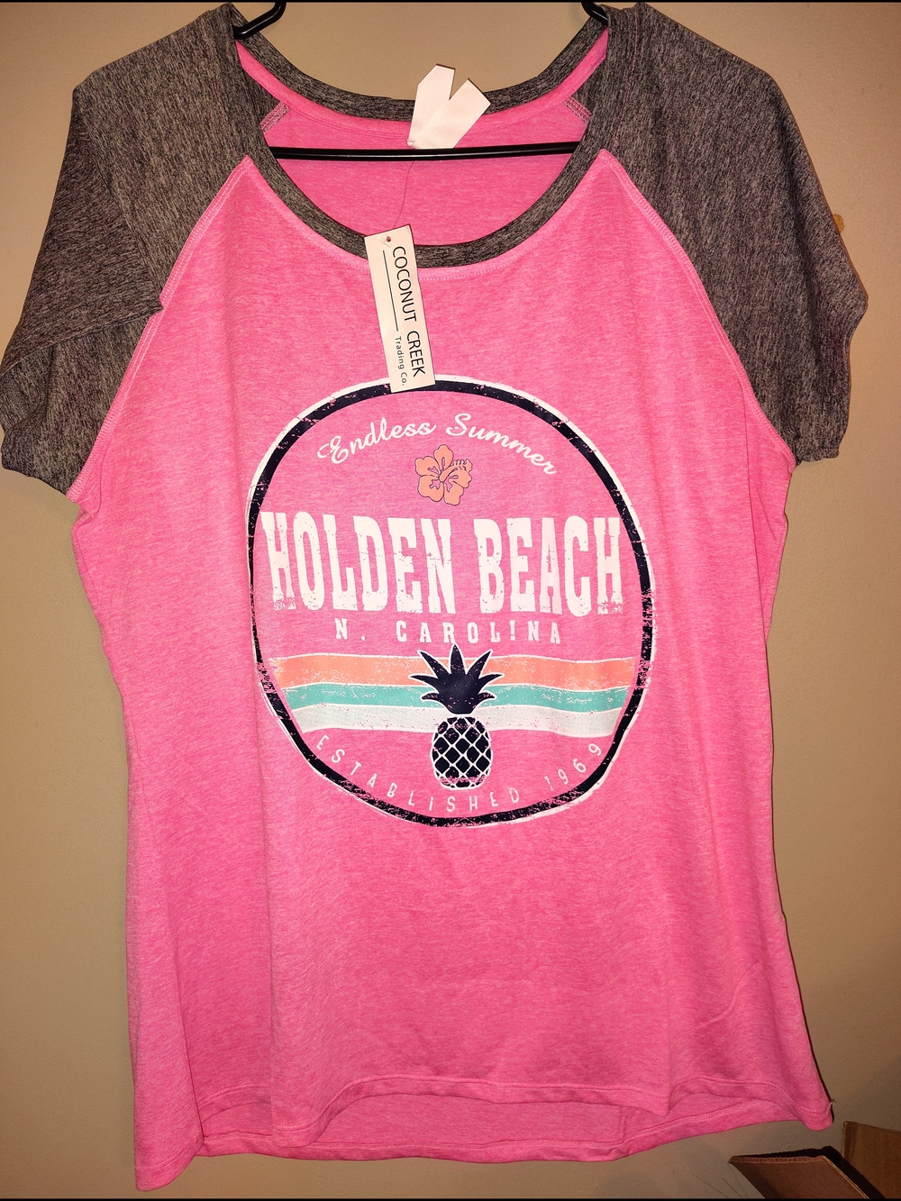 Skechers Pink Raglan Tee with Gray Sleeves and Holden Beach Graphic